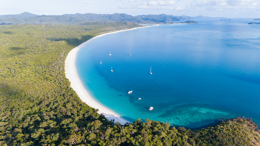 Drone Shot of South Whithaven with Prosail Yacht on Anchor (Entrance to Chance Bay Lookout)